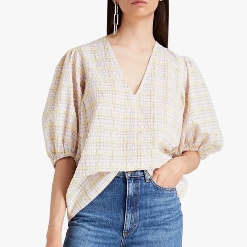 Ganni Seersucker Plaid Puff Sleeve Top